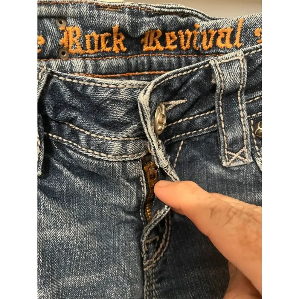 Rock Revival Tori Straight Blue Factory Distressed Denim Jeans Western Rodeo